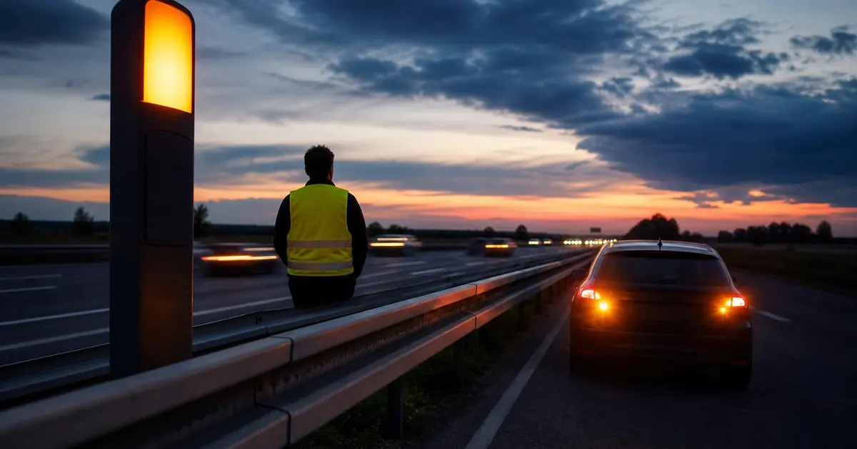 Borne d’appel autoroute et véhicule en bande d’arrêt d’urgence