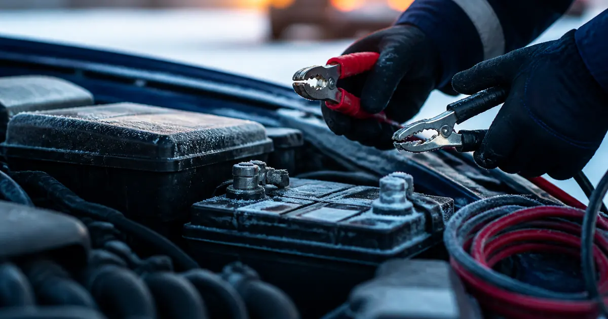 Dépannage batterie voiture en hiver : câbles et batterie givrée