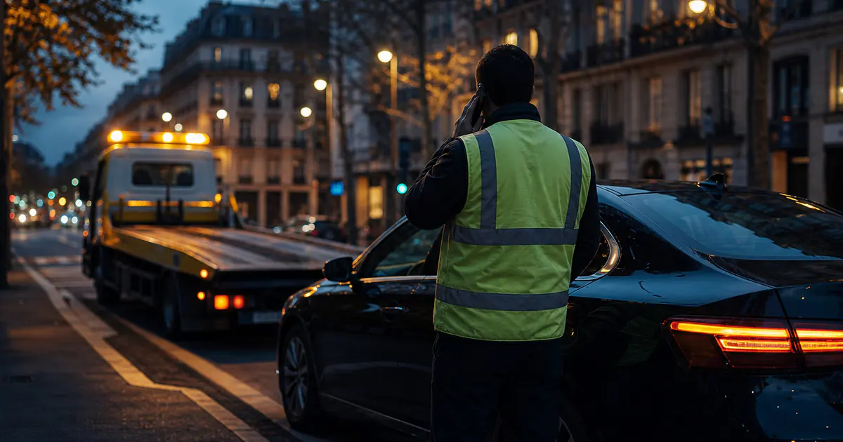 Conducteur en gilet près d’une berline en panne en ville, dépanneuse en approche