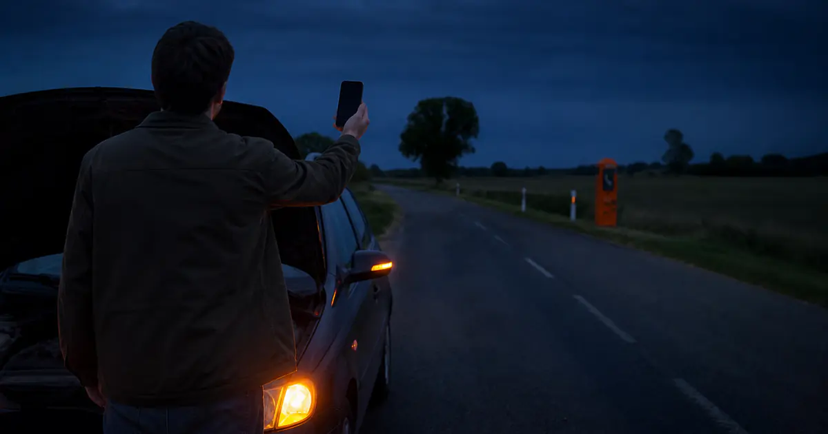 Conducteur cherchant du réseau près d’une voiture en panne, borne d’appel orange au loin