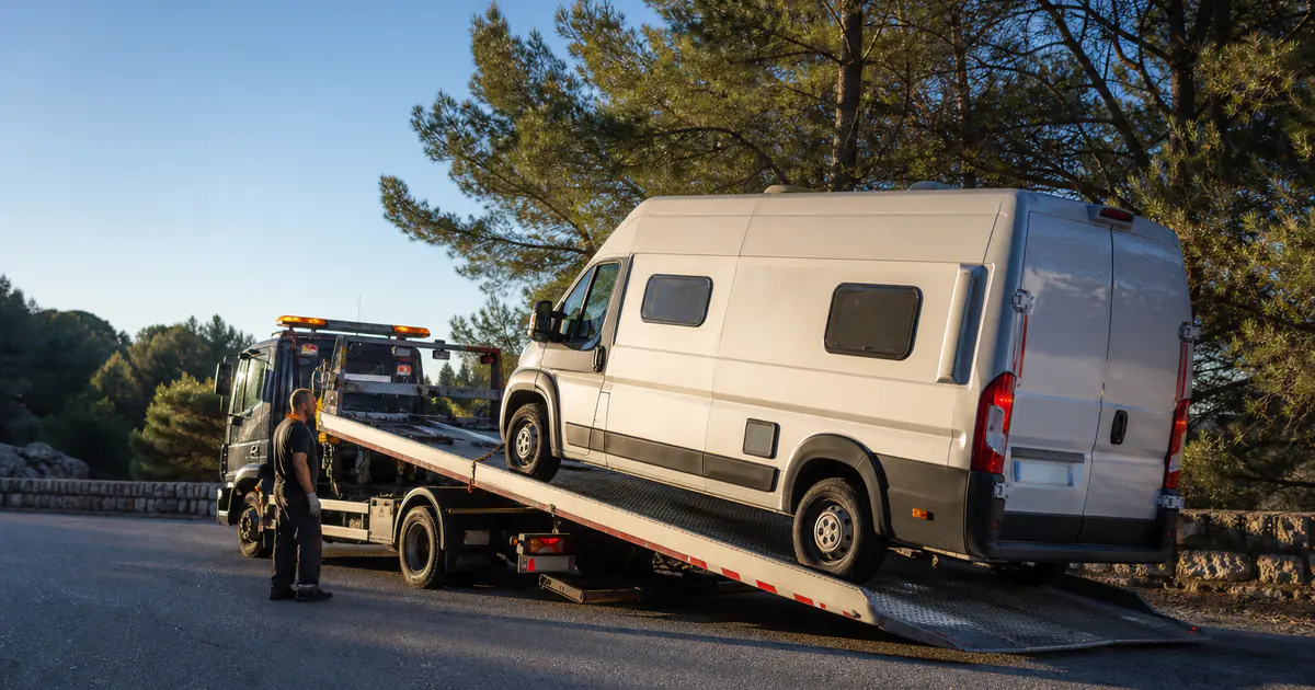 Van aménagé treuillé sur un plateau lourd en bord de route de campagne