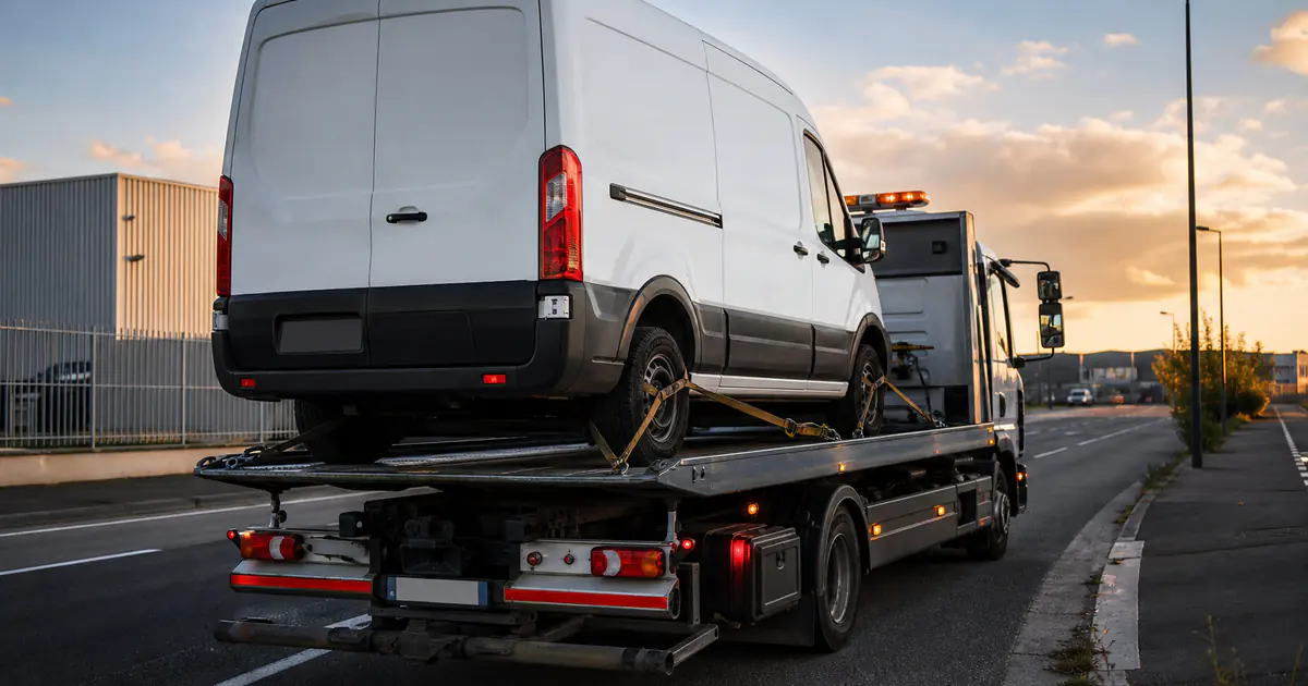 Fourgon utilitaire sanglé sur un plateau de dépannage en zone périurbaine