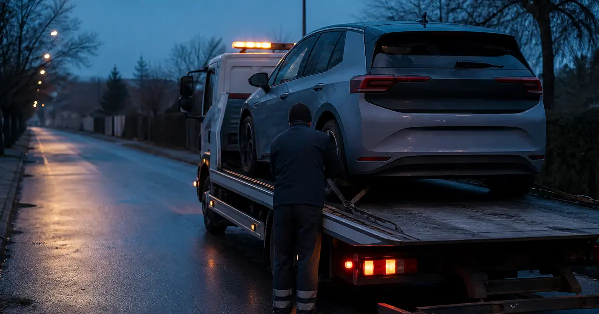 Remorquage voiture électrique sur plateau basculeur