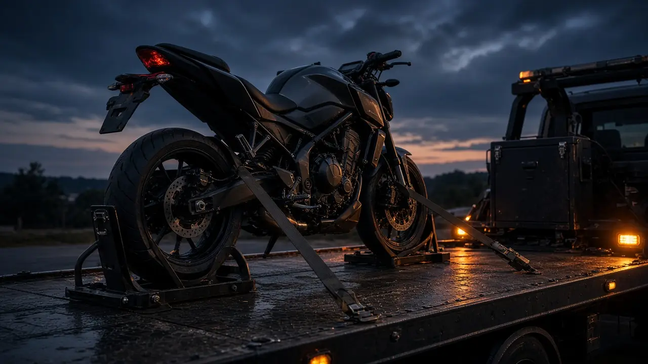Remorquage moto sécurisé à la verticale avec sangles et cales